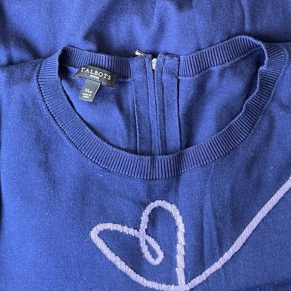 Talbots Navy Cat Heart Sweater Petites XL Crew Neck 3/4 Sleeve Cotton Pullover - Picture 3 of 3